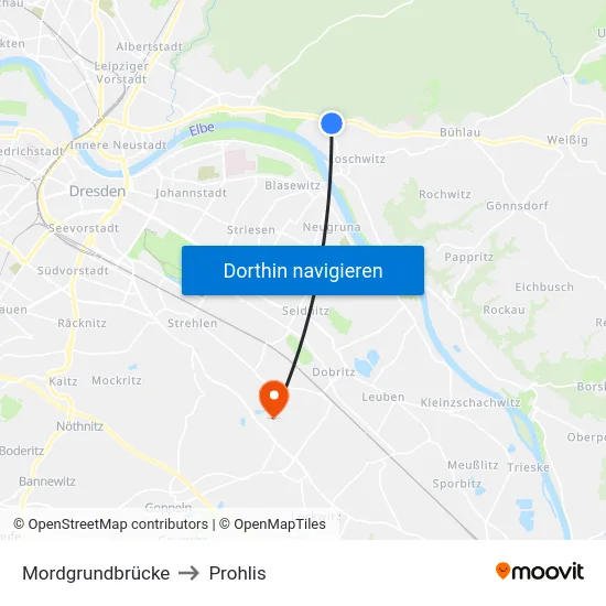 Mordgrundbrücke to Prohlis map
