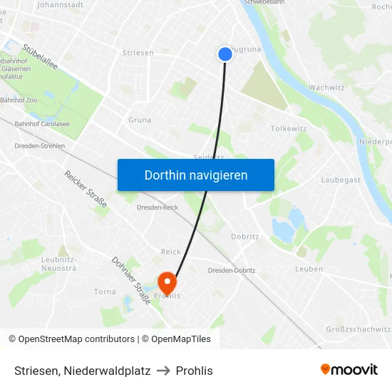 Striesen, Niederwaldplatz to Prohlis map