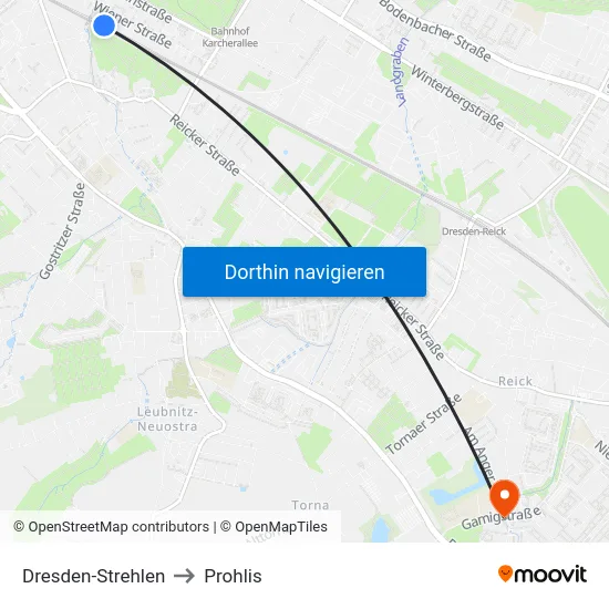 Dresden-Strehlen to Prohlis map
