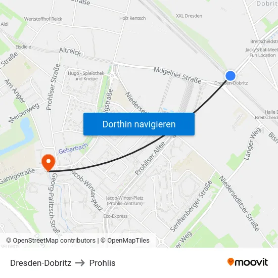 Dresden-Dobritz to Prohlis map