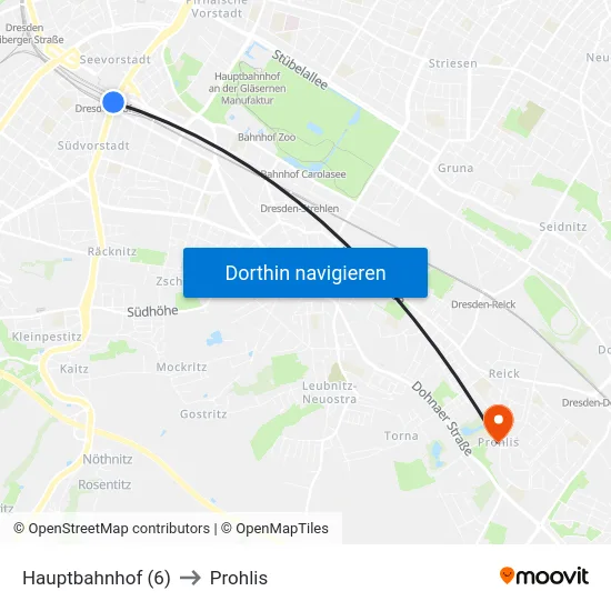 Hauptbahnhof (6) to Prohlis map
