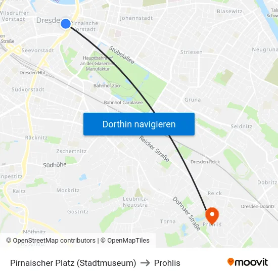 Pirnaischer Platz (Stadtmuseum) to Prohlis map