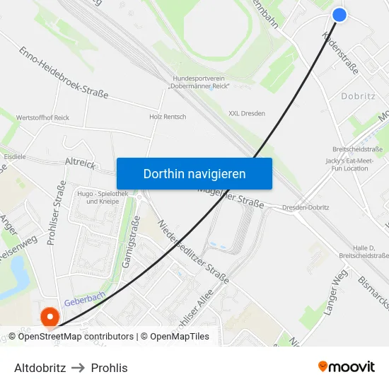 Altdobritz to Prohlis map