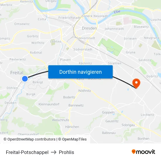 Freital-Potschappel to Prohlis map