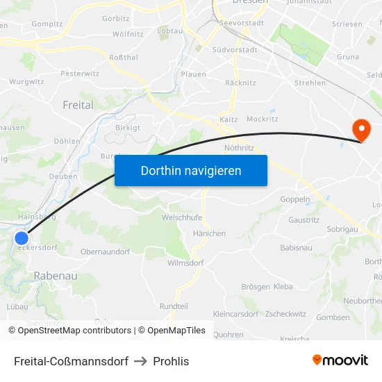 Freital-Coßmannsdorf to Prohlis map