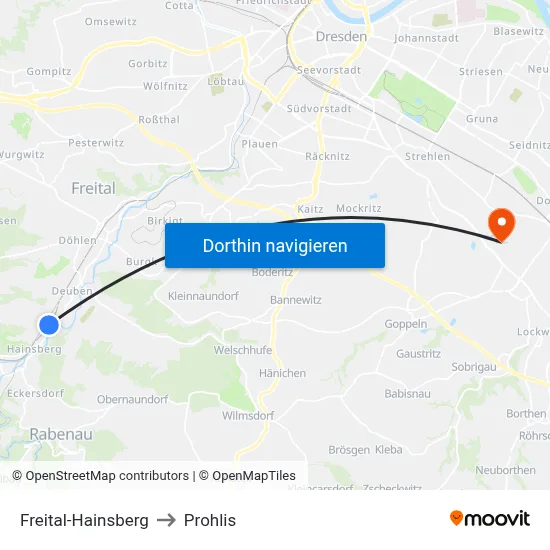 Freital-Hainsberg to Prohlis map
