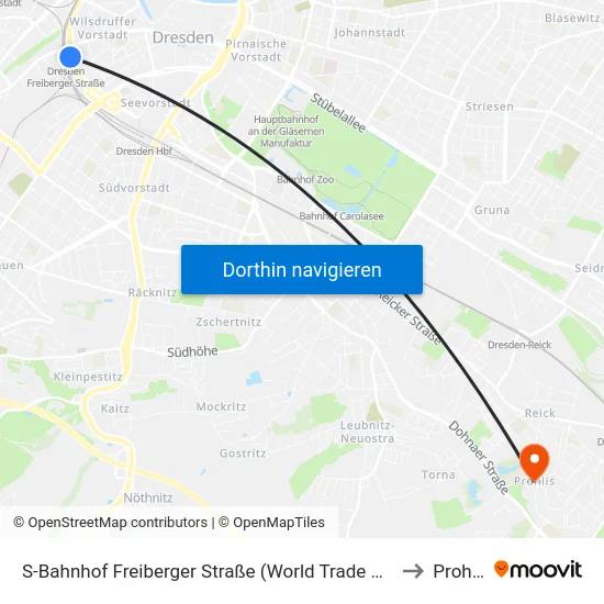S-Bahnhof Freiberger Straße (World Trade Center) to Prohlis map