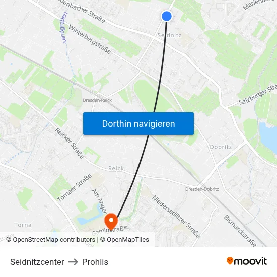 Seidnitzcenter to Prohlis map