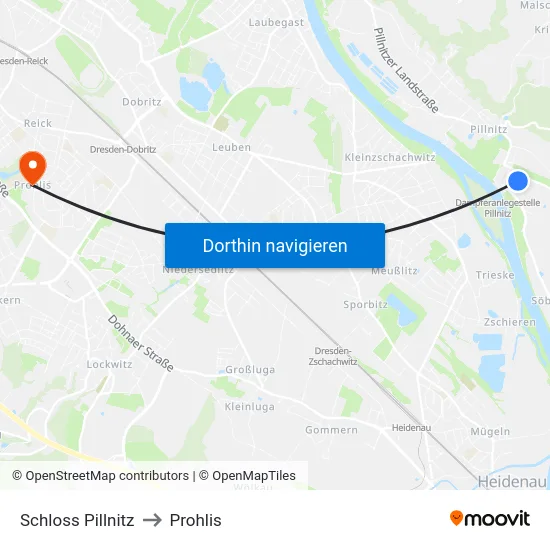 Schloss Pillnitz to Prohlis map