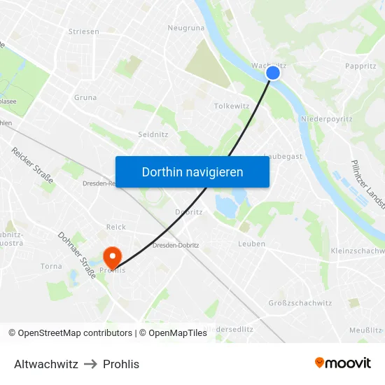 Altwachwitz to Prohlis map