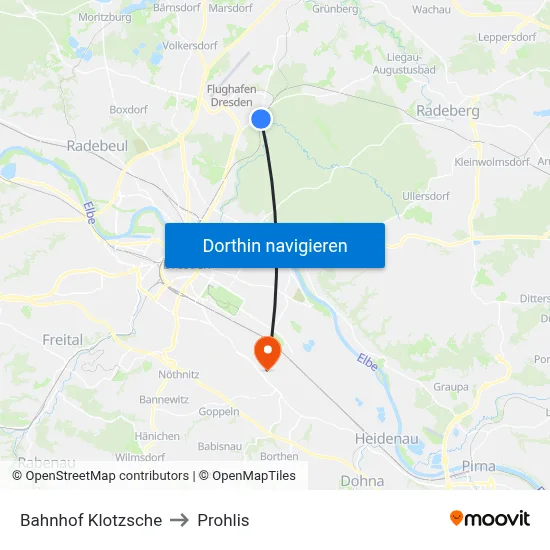 Bahnhof Klotzsche to Prohlis map