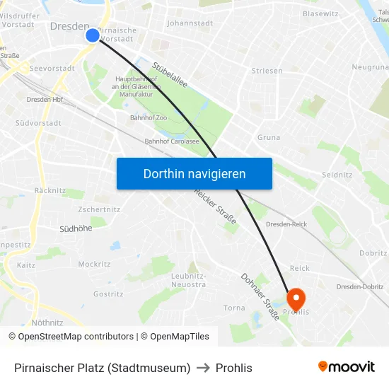 Pirnaischer Platz (Stadtmuseum) to Prohlis map