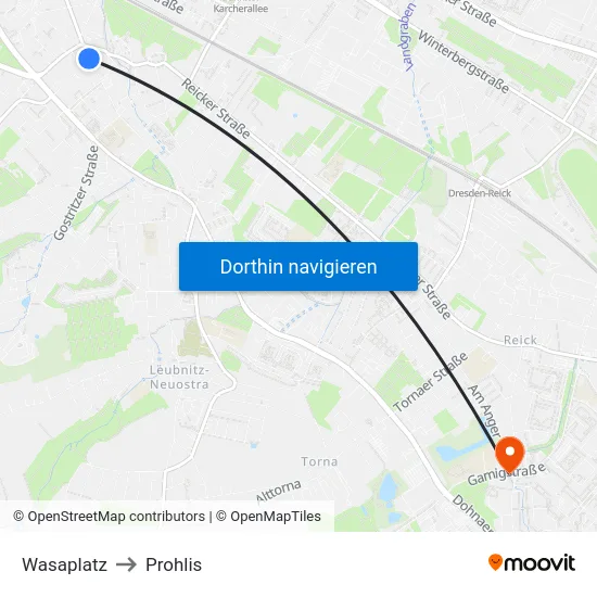 Wasaplatz to Prohlis map