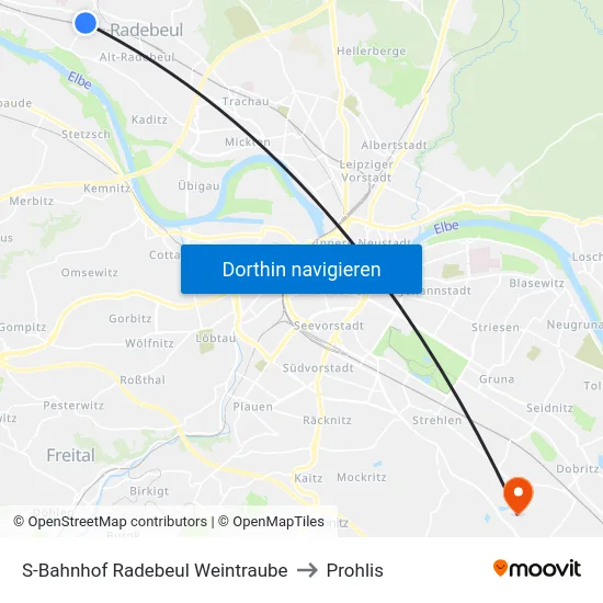 S-Bahnhof Radebeul Weintraube to Prohlis map