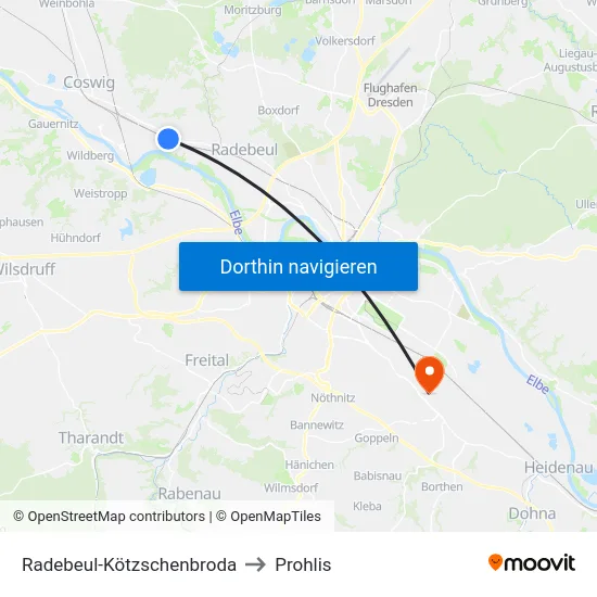 Radebeul-Kötzschenbroda to Prohlis map