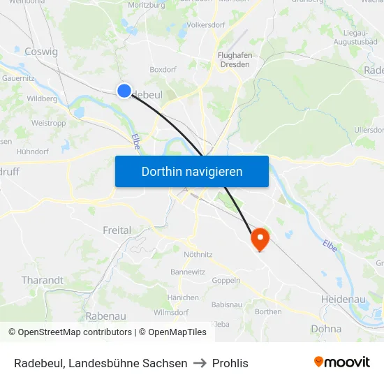 Radebeul, Landesbühne Sachsen to Prohlis map