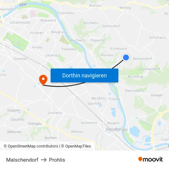 Malschendorf to Prohlis map