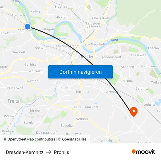 Dresden-Kemnitz to Prohlis map