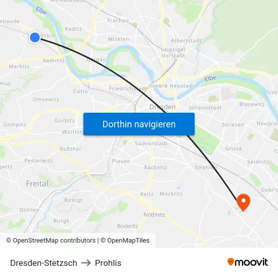 Dresden-Stetzsch to Prohlis map