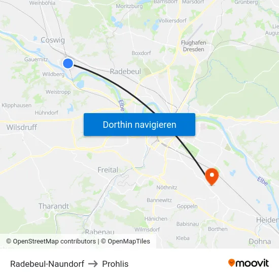 Radebeul-Naundorf to Prohlis map