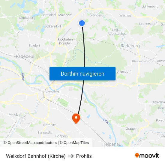 Weixdorf Bahnhof (Kirche) to Prohlis map