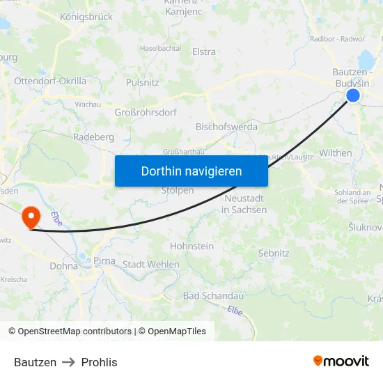Bautzen to Prohlis map