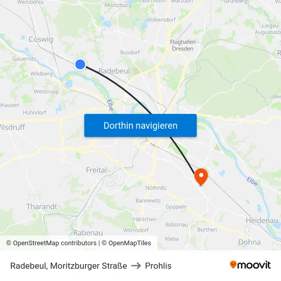 Radebeul, Moritzburger Straße to Prohlis map