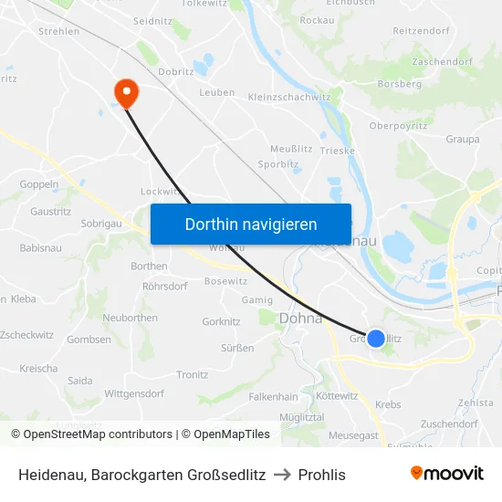 Heidenau, Barockgarten Großsedlitz to Prohlis map