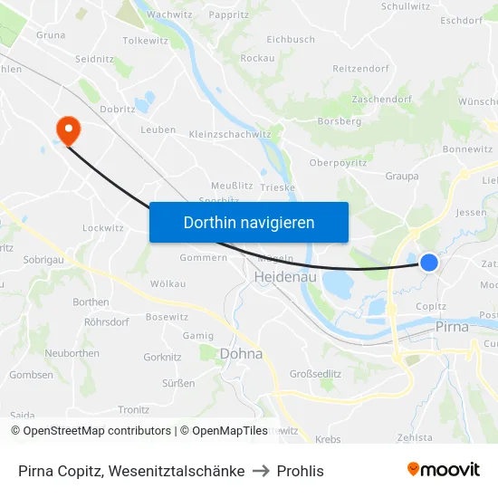Pirna Copitz, Wesenitztalschänke to Prohlis map