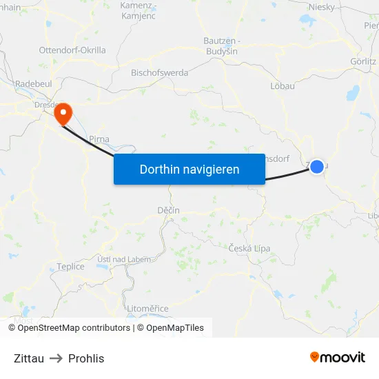 Zittau to Prohlis map