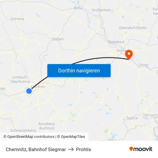 Chemnitz, Bahnhof Siegmar to Prohlis map