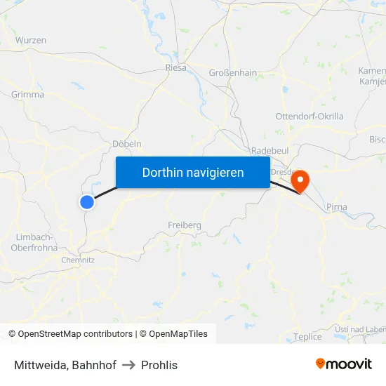 Mittweida, Bahnhof to Prohlis map