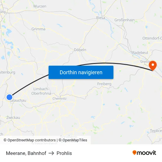 Meerane, Bahnhof to Prohlis map