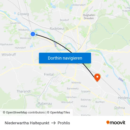 Niederwartha Haltepunkt to Prohlis map