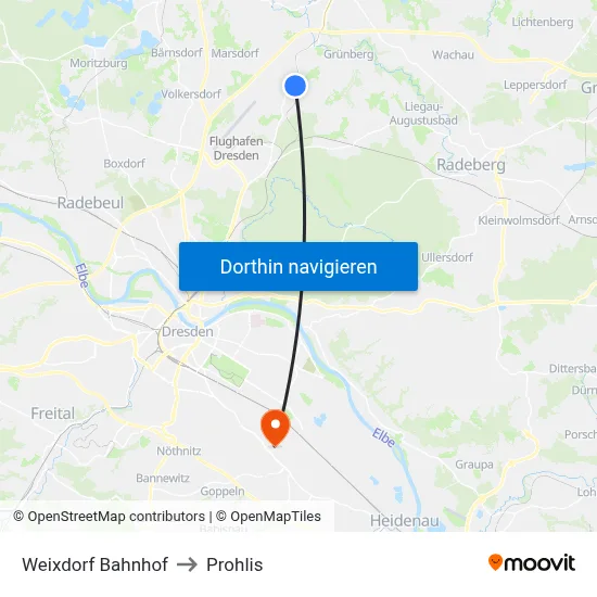 Weixdorf Bahnhof to Prohlis map