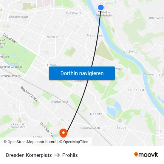 Dresden Körnerplatz to Prohlis map