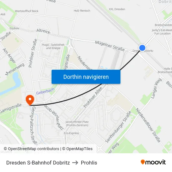 Dresden S-Bahnhof Dobritz to Prohlis map