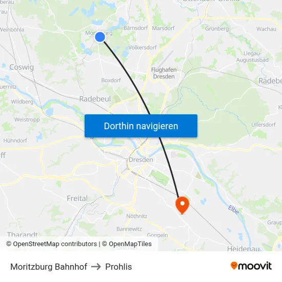 Moritzburg Bahnhof to Prohlis map