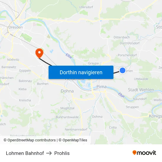 Lohmen Bahnhof to Prohlis map