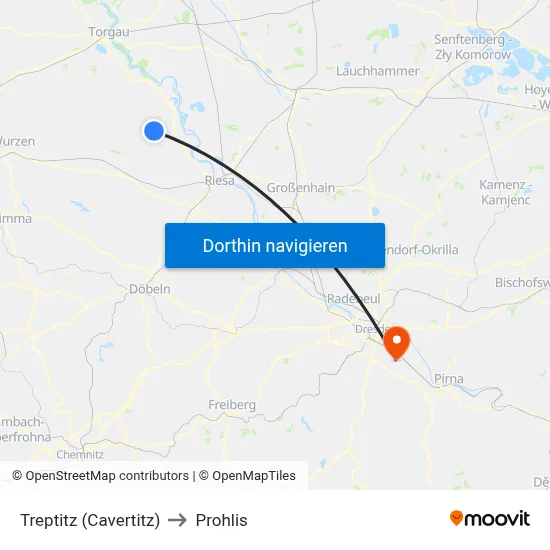 Treptitz (Cavertitz) to Prohlis map