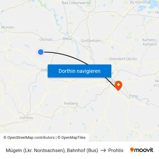 Mügeln (Lkr. Nordsachsen), Bahnhof (Bus) to Prohlis map