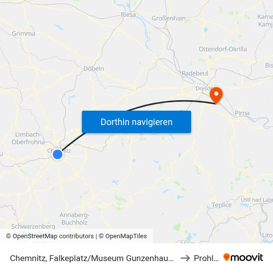 Chemnitz, Falkeplatz/Museum Gunzenhauser to Prohlis map