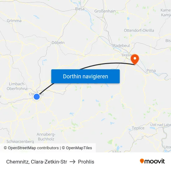 Chemnitz, Clara-Zetkin-Str to Prohlis map