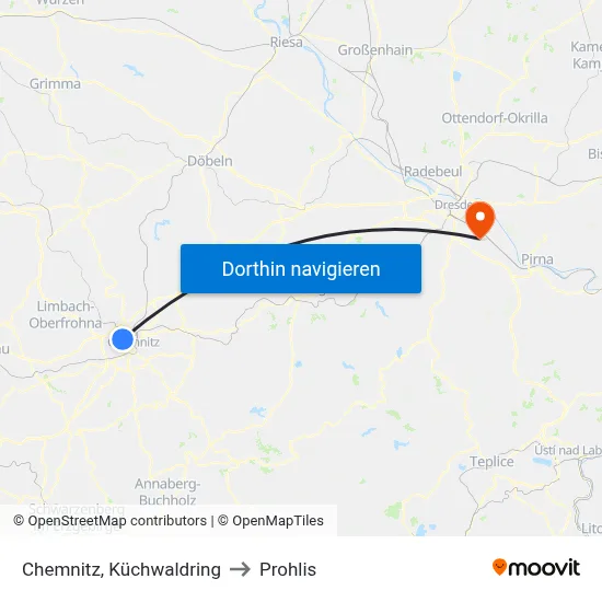 Chemnitz, Küchwaldring to Prohlis map