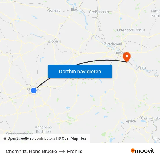 Chemnitz, Hohe Brücke to Prohlis map