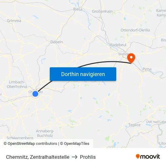 Chemnitz, Zentralhaltestelle to Prohlis map