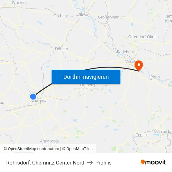 Röhrsdorf, Chemnitz Center Nord to Prohlis map