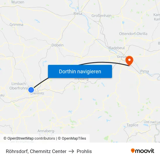 Röhrsdorf, Chemnitz Center to Prohlis map