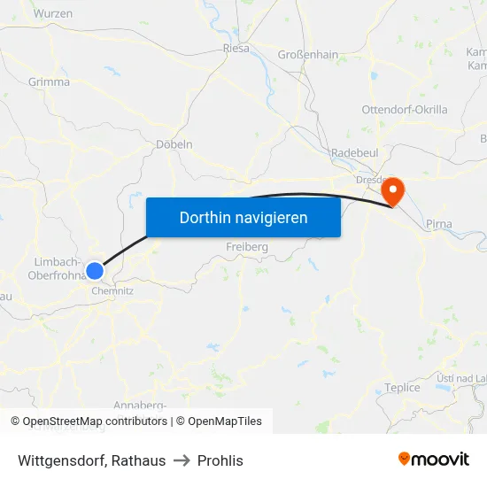 Wittgensdorf, Rathaus to Prohlis map