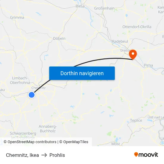 Chemnitz, Ikea to Prohlis map